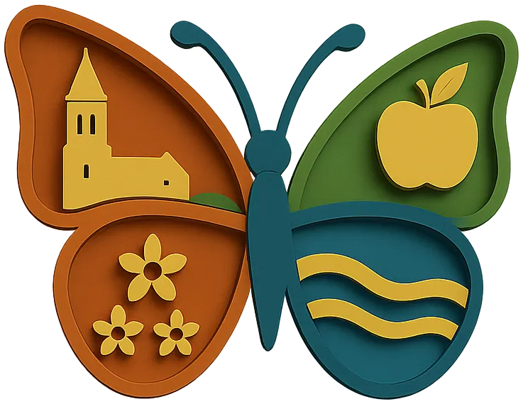 Logo Stichting Inclusieve HotSpot Tiel – vlinder met de kerktoren van Tiel, een appel en de Waal